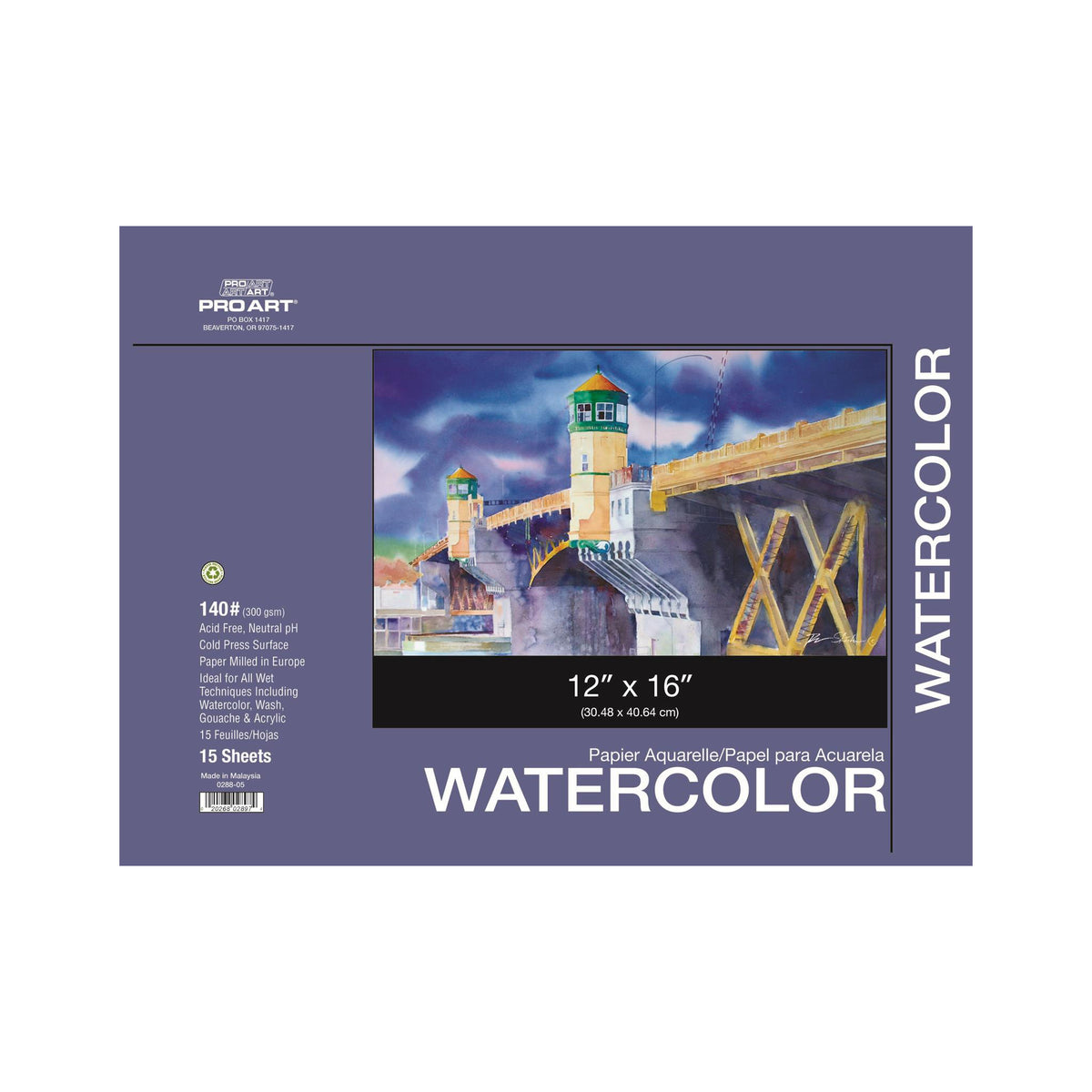 PRO ART WATERCOLOR BLOCK PAD 15pc 140lb 12x16