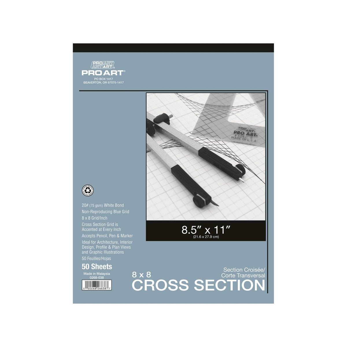 PRO ART CROSS SECTION PAD 8x8 GRID 50pc 8.5x11