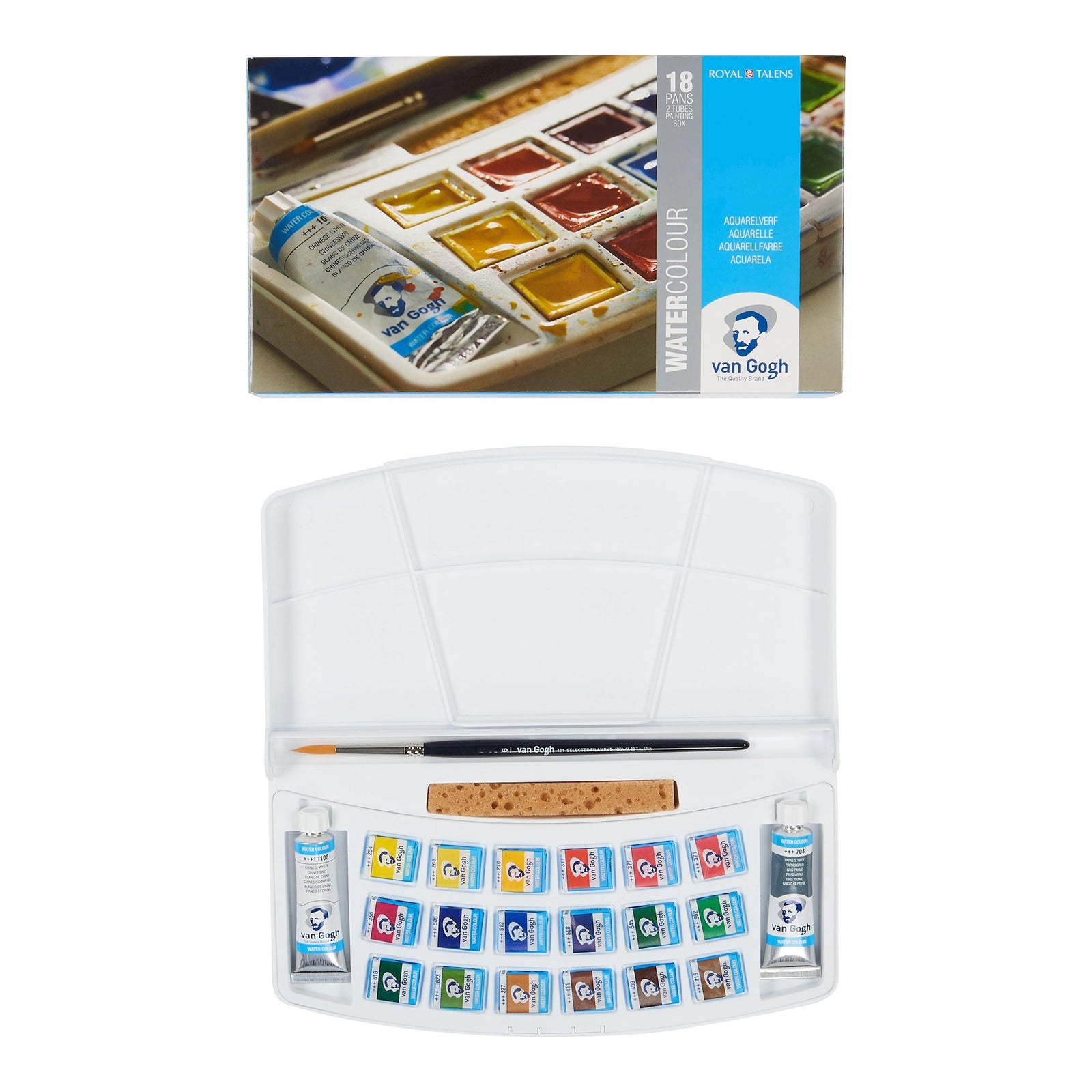 VAN GOGH WATERCOLOUR PLASTIC POCKET BOX - 18 PAN GENERAL SELECTION + 2 TUBES