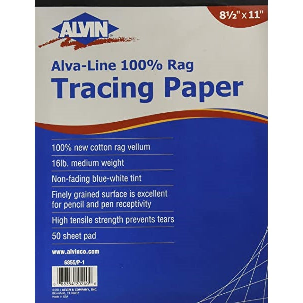 Alvin 6855/P-5 100% Rag Vellum Tracing Paper 50-Sheet Pad 12 x 18